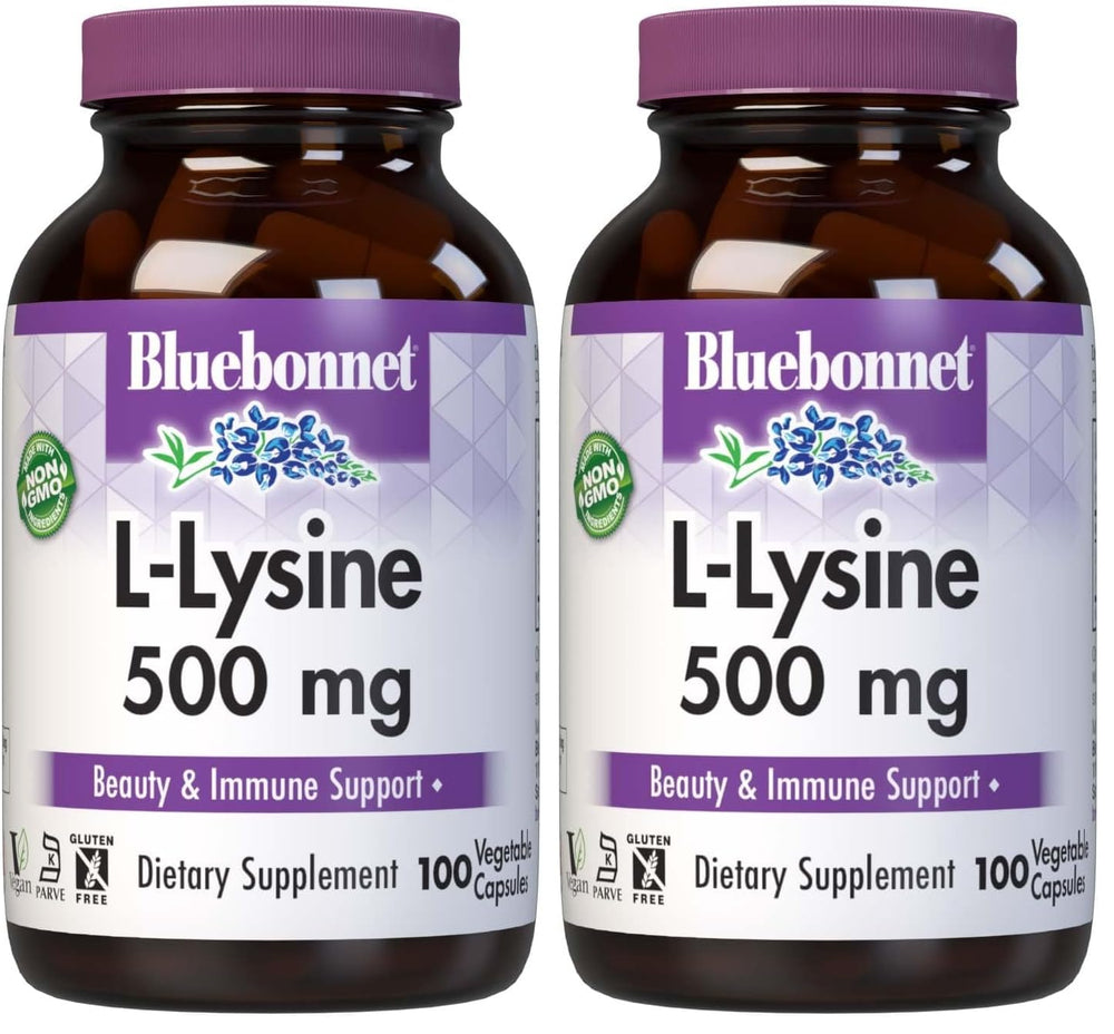 BlueBonnet L-Lysine 500mg bottle highlighting immune support and collagen synthesis potential.