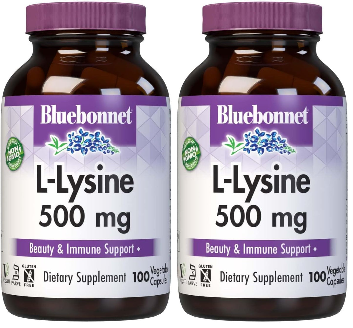 BlueBonnet L-Lysine 500mg bottle highlighting immune support and collagen synthesis potential.