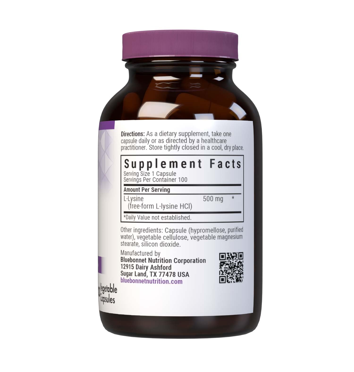 BlueBonnet L-Lysine 500mg capsules arranged for daily wellness and amino acid supplementation.