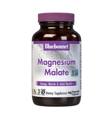 Bluebonnet Magnesium Malate capsules bottle on white surface for daily energy support.