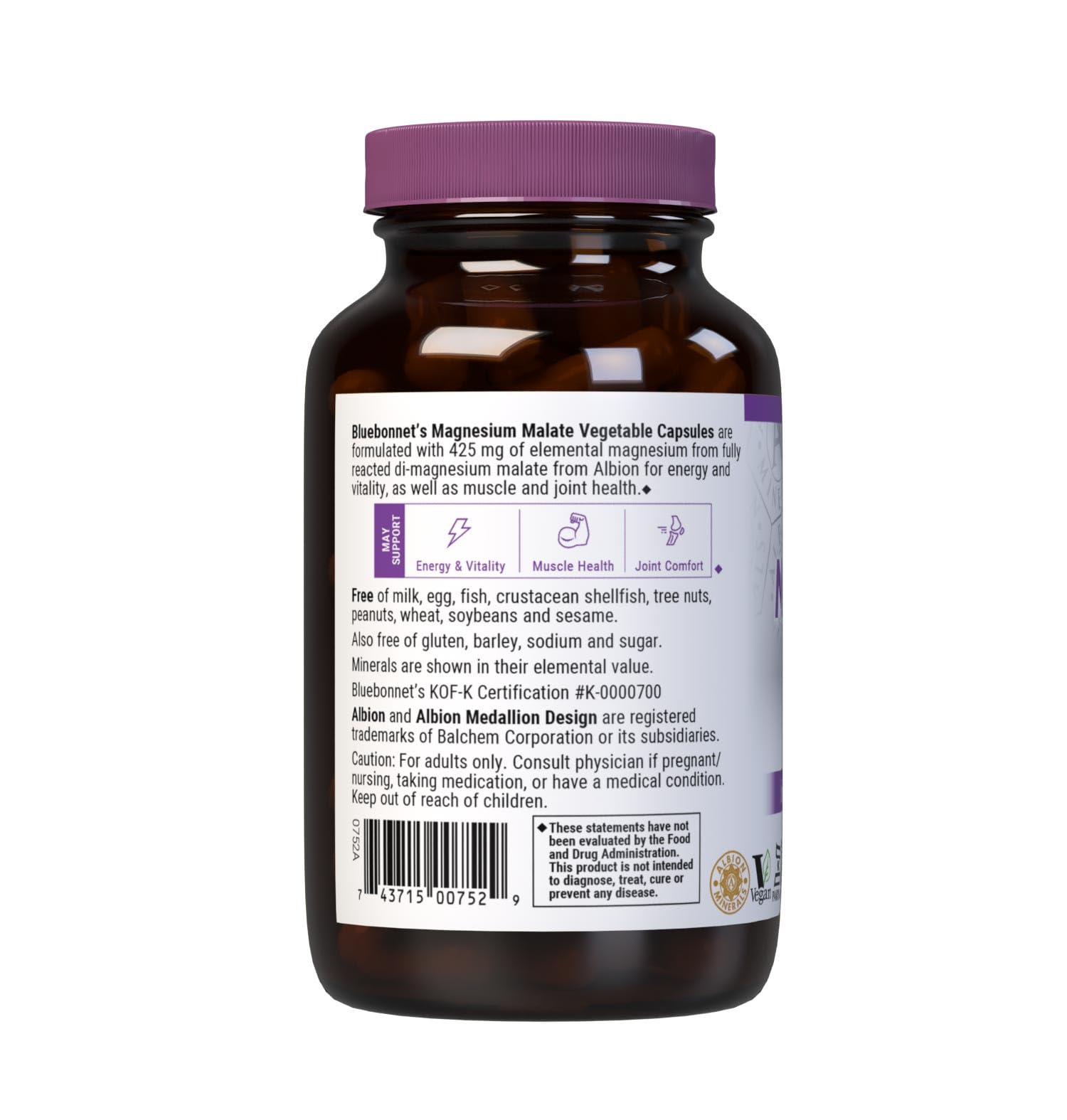 Bluebonnet Magnesium Malate bottle with daily usage guide.