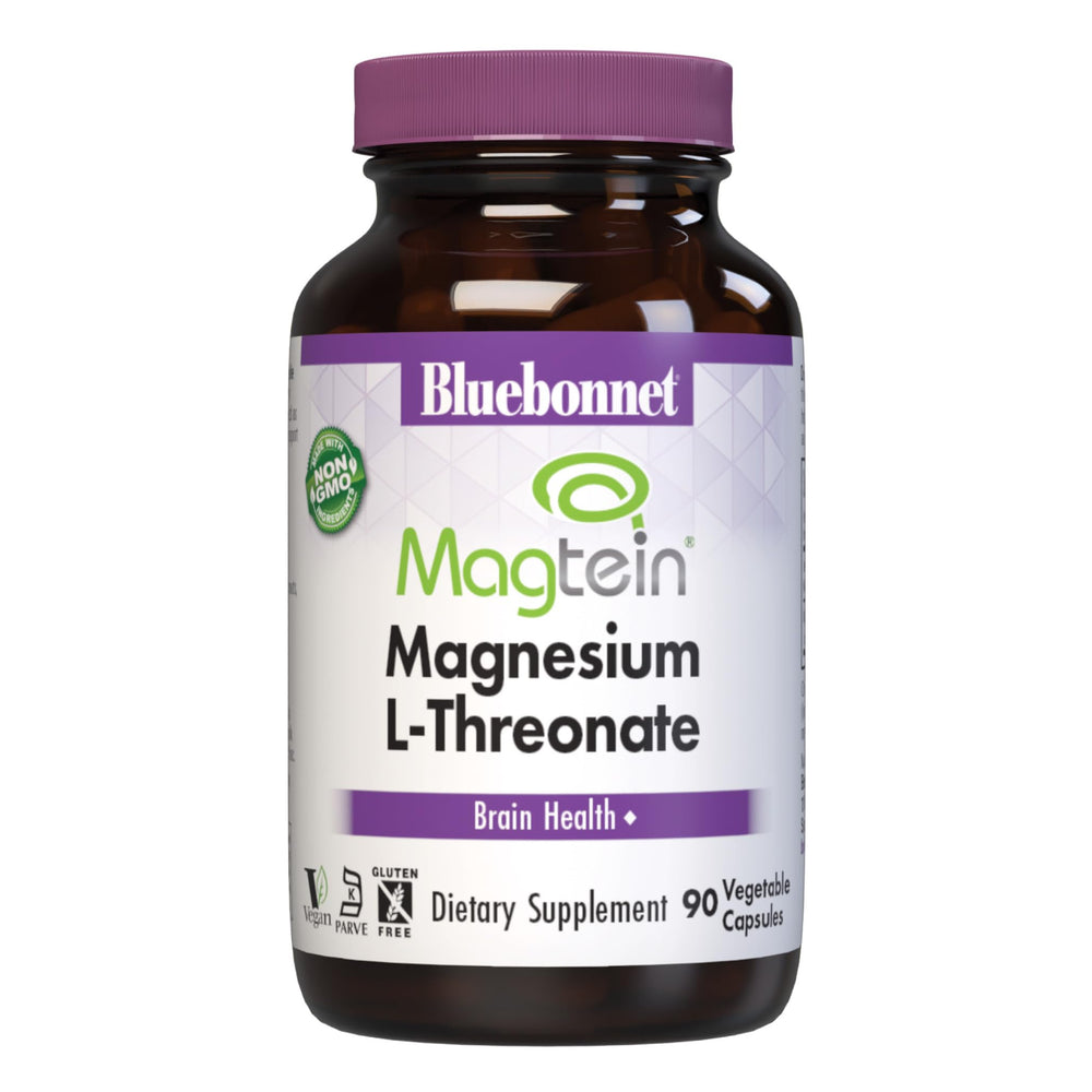 BlueBonnet Magtein bottle with 90 vegan capsules for daily brain health support.