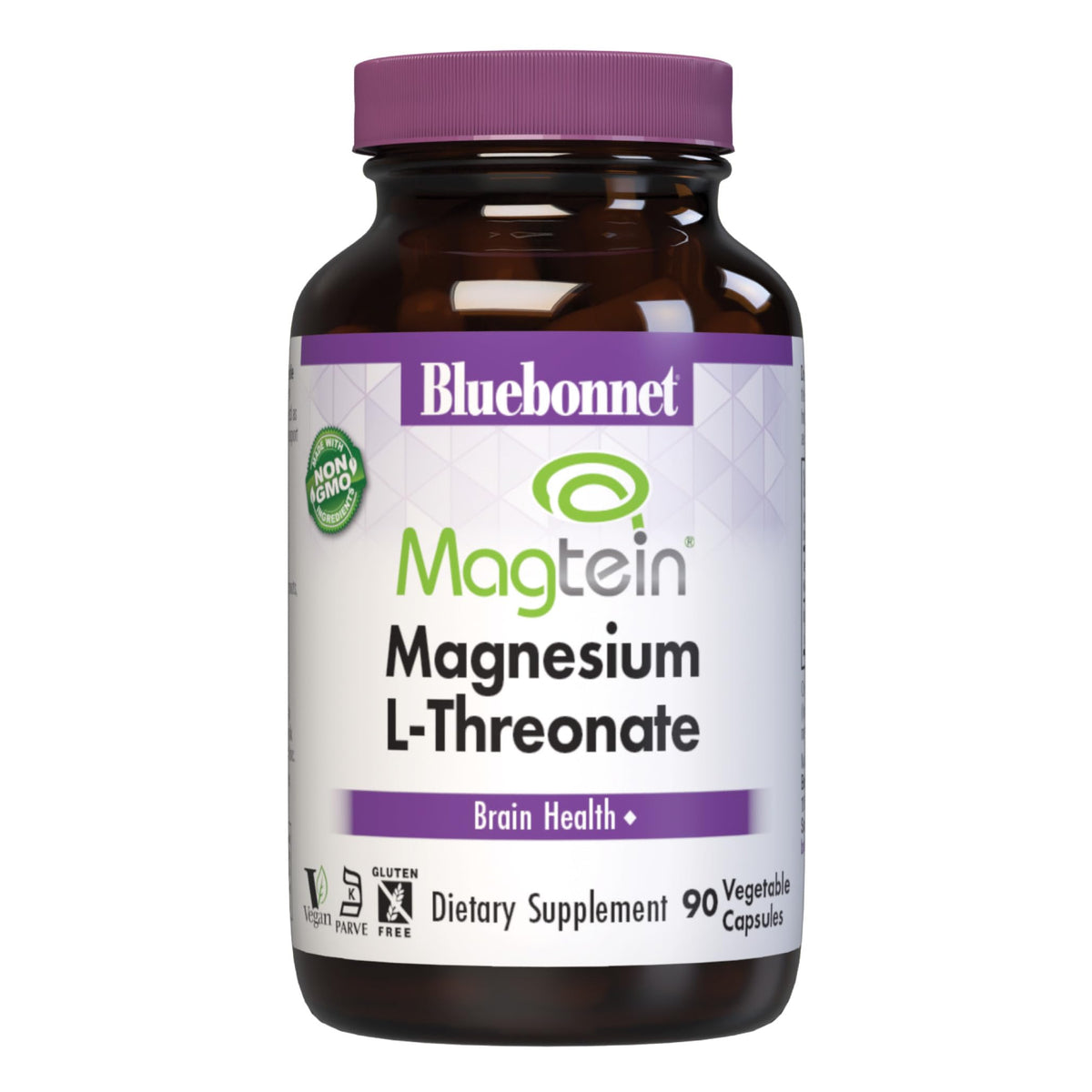 BlueBonnet Magtein bottle with 90 vegan capsules for daily brain health support.