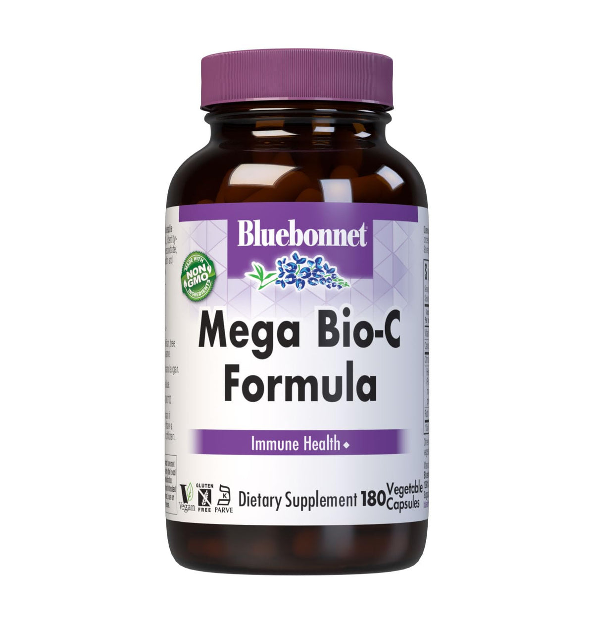 Bluebonnet Mega Bio-C bottle label shows high-potency vitamin C for immune support.