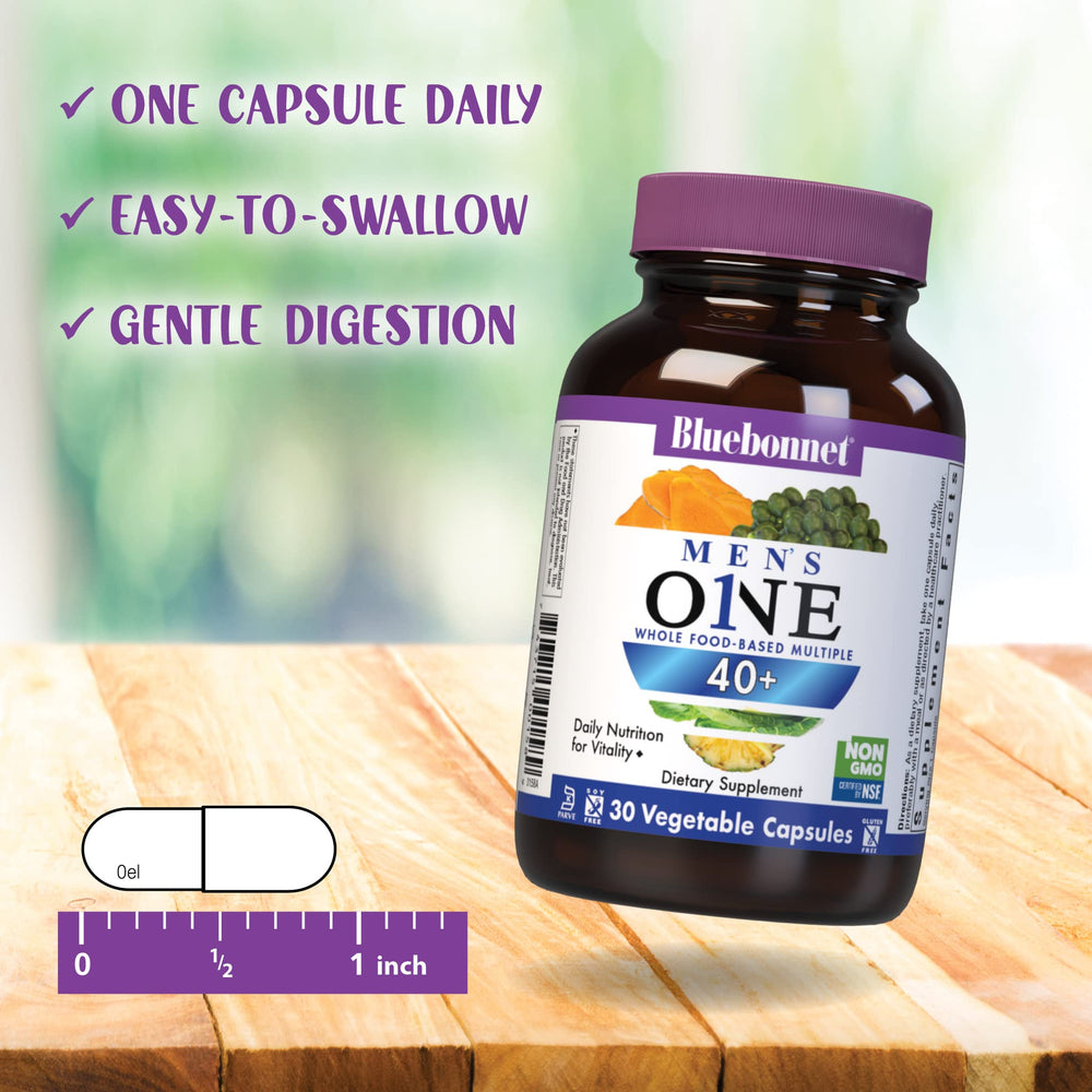 BlueBonnet Mens' One 40+ natural ingredients panel notes non-GMO and gluten-free features.