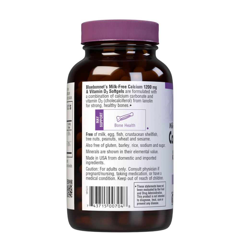 Bluebonnet Milk-Free Calcium softgels packaging with dosage information assists planning.