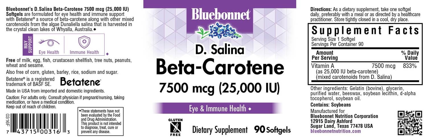 BlueBonnet label highlights beta-carotene from D. Salina and added nutrients for immune and skin health