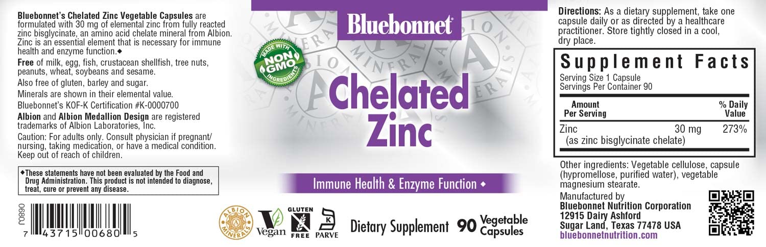 BlueBonnet Albion Zinc capsules beside a glass of water.