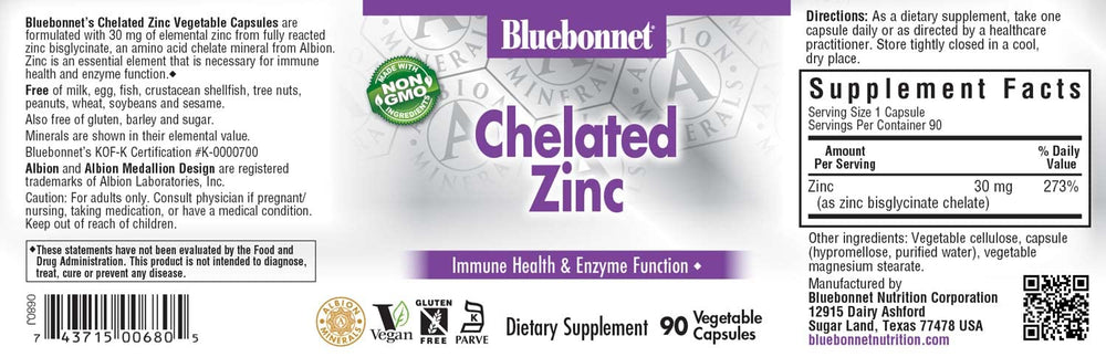 BlueBonnet Albion Zinc capsules beside a glass of water.