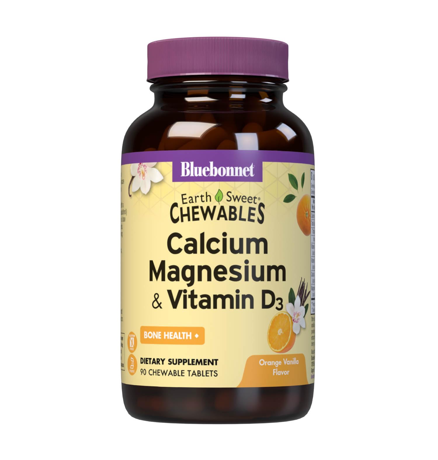 BlueBonnet orange vanilla EarthSweet chewables bottle front with on-the-go bone support flavor.