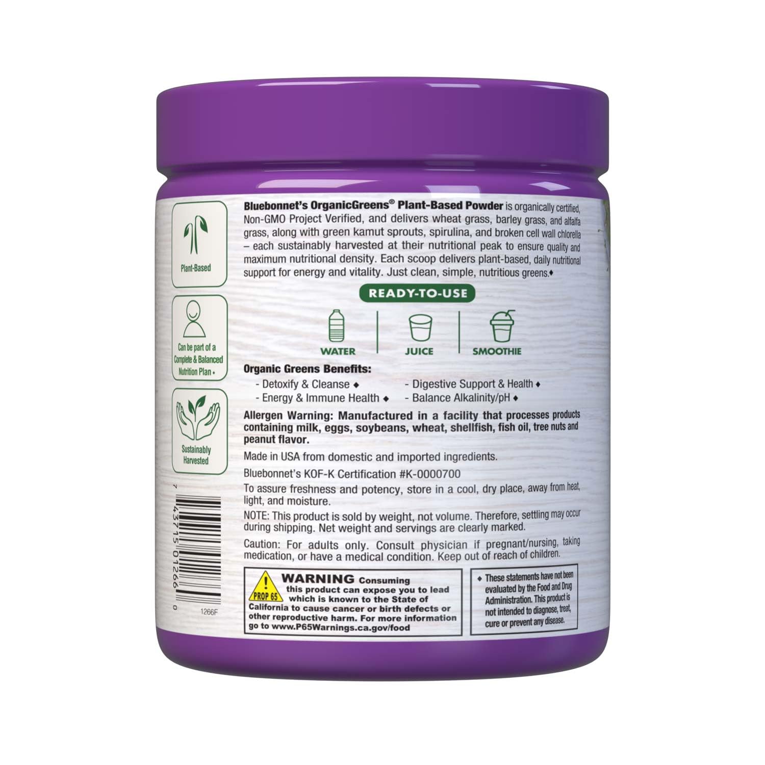 Bluebonnet Organic Greens powder container with label highlighting non-GMO and vegan benefits.