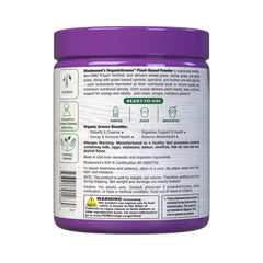 Bluebonnet Organic Greens powder container with label highlighting non-GMO and vegan benefits.
