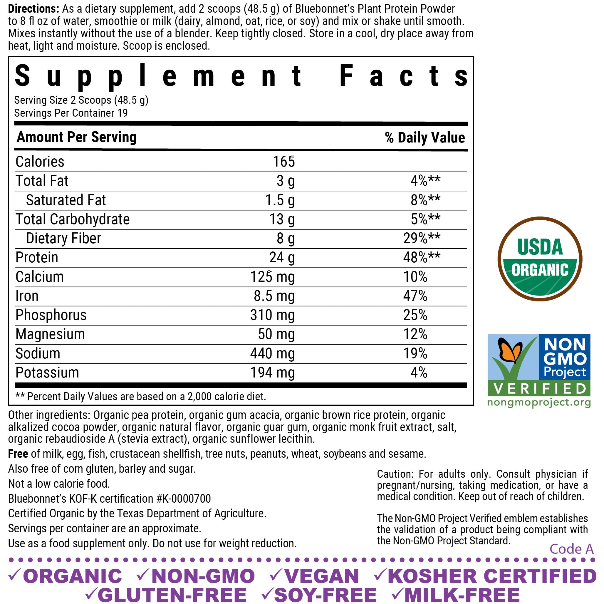 BlueBonnet chocolate plant protein powder scoop suggests creamy texture and no added sugar