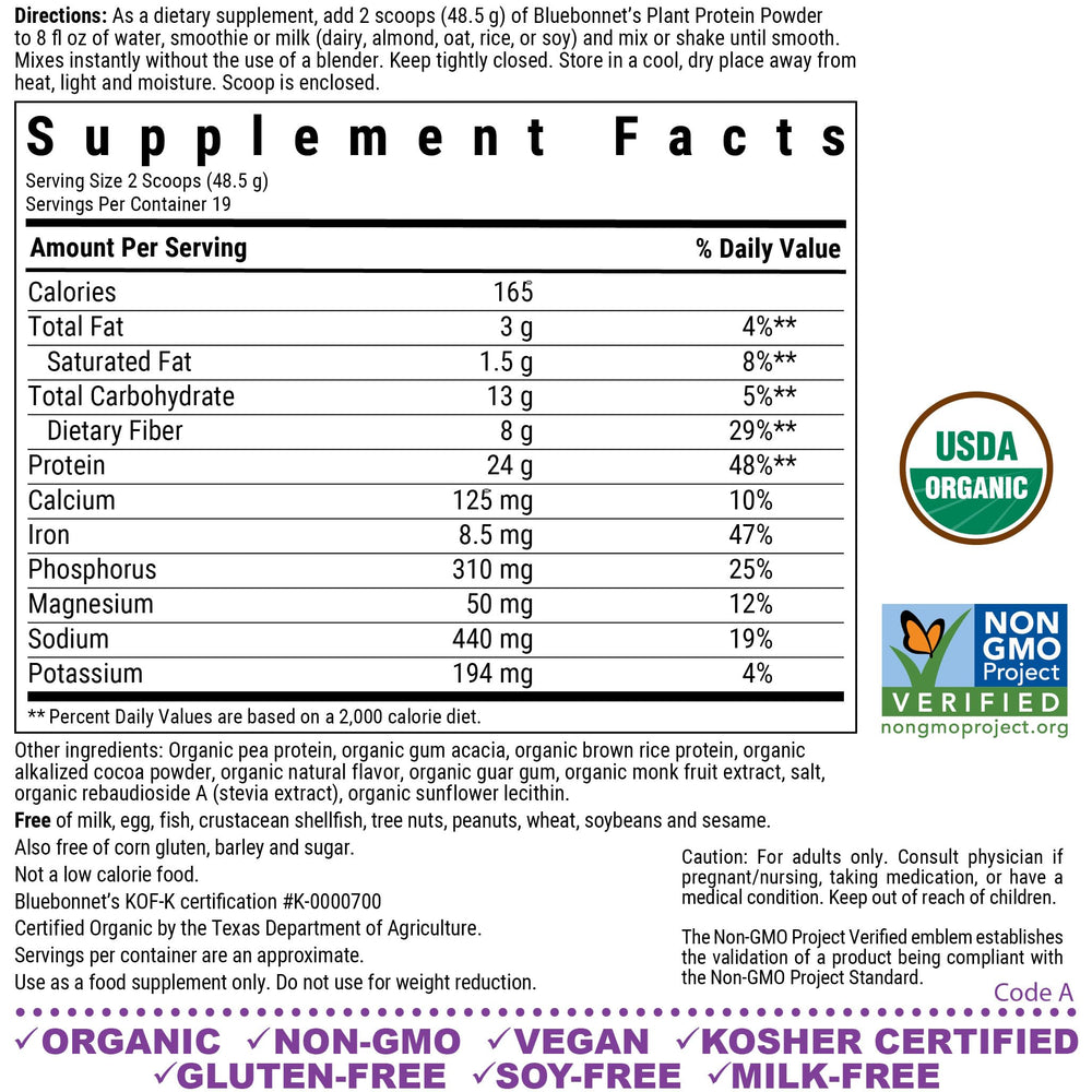 BlueBonnet chocolate plant protein powder scoop suggests creamy texture and no added sugar