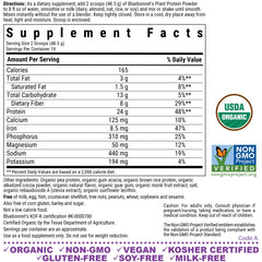 BlueBonnet chocolate plant protein powder scoop suggests creamy texture and no added sugar