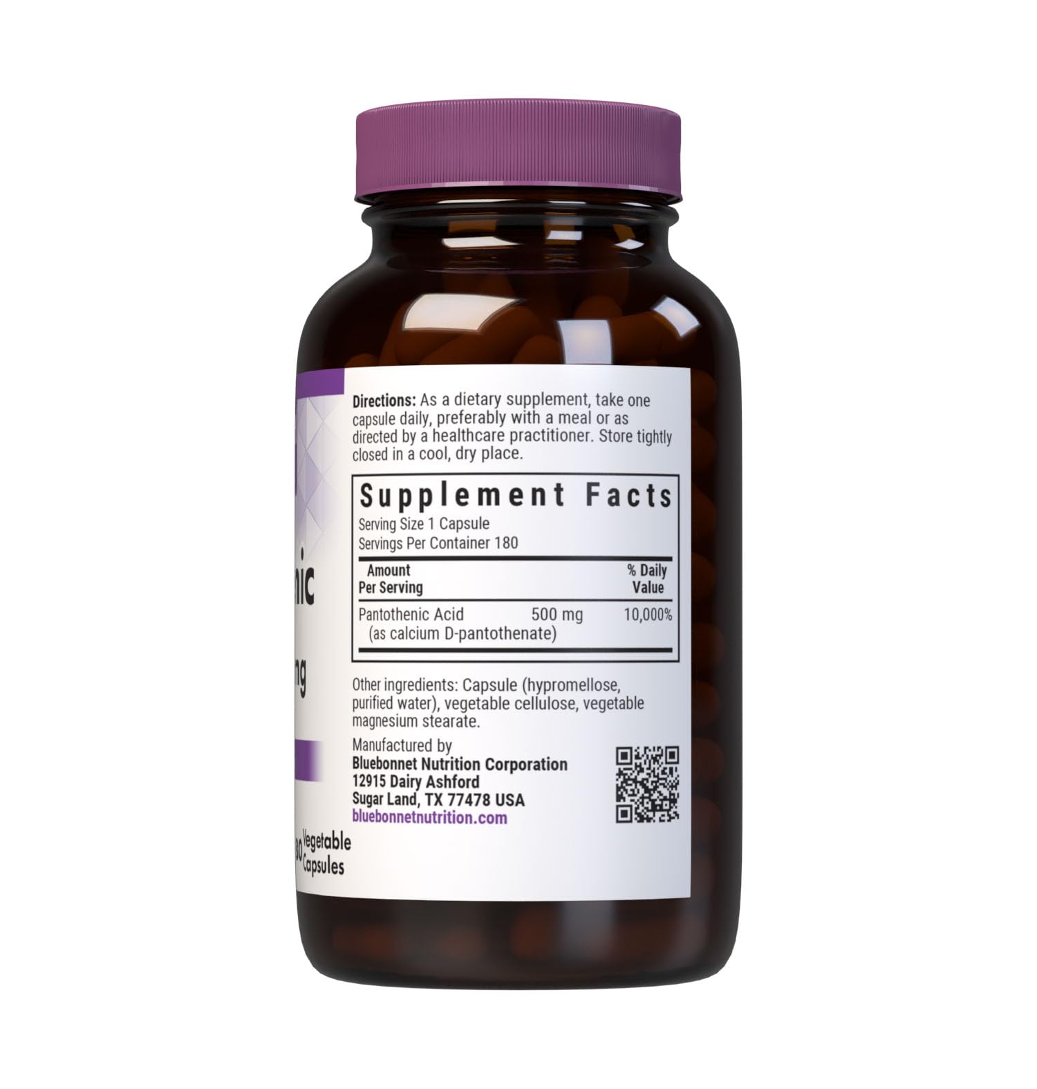 BlueBonnet Pantothenic Acid capsules closeup highlighting 500 mg dose