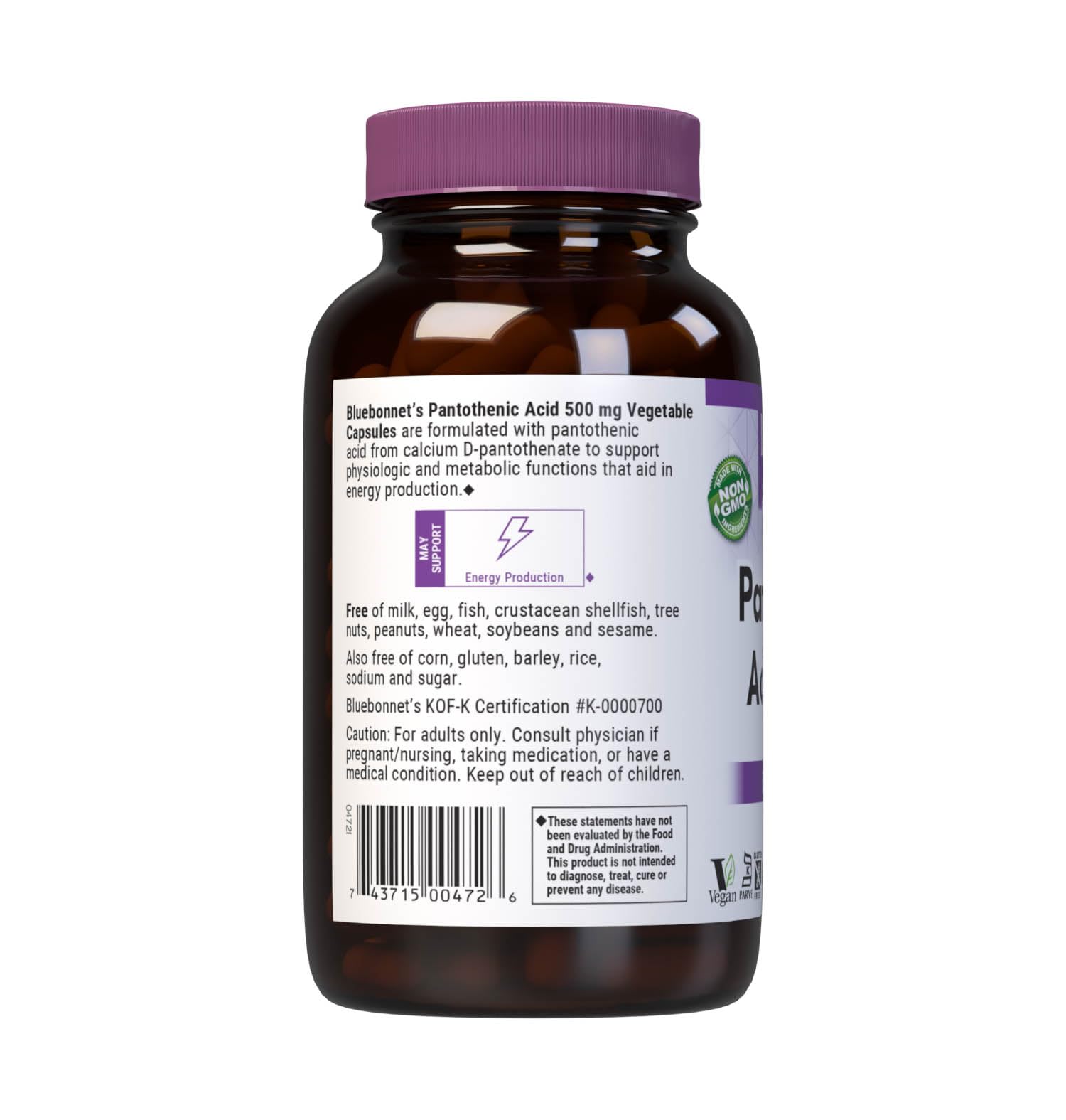 BlueBonnet Pantothenic Acid ingredients label showing vegan, non-GMO formula
