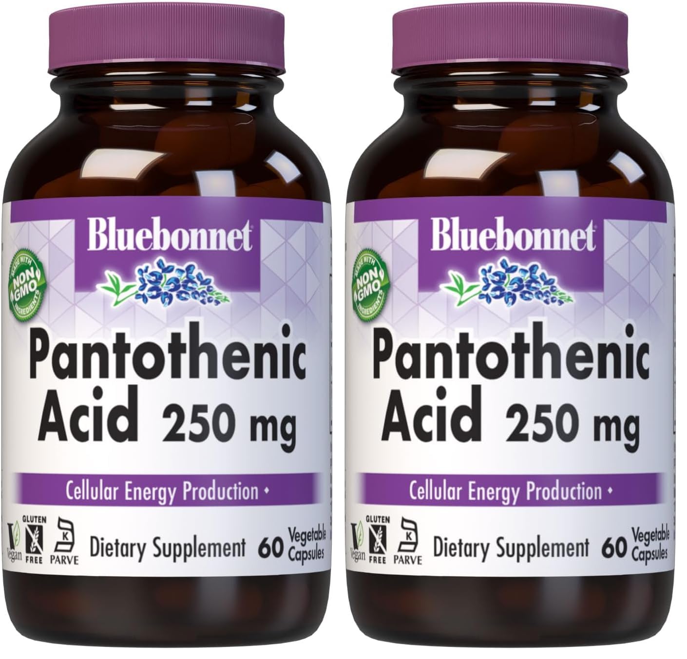 BlueBonnet Pantothenic Acid bottle with label highlighting vegan and non-GMO features
