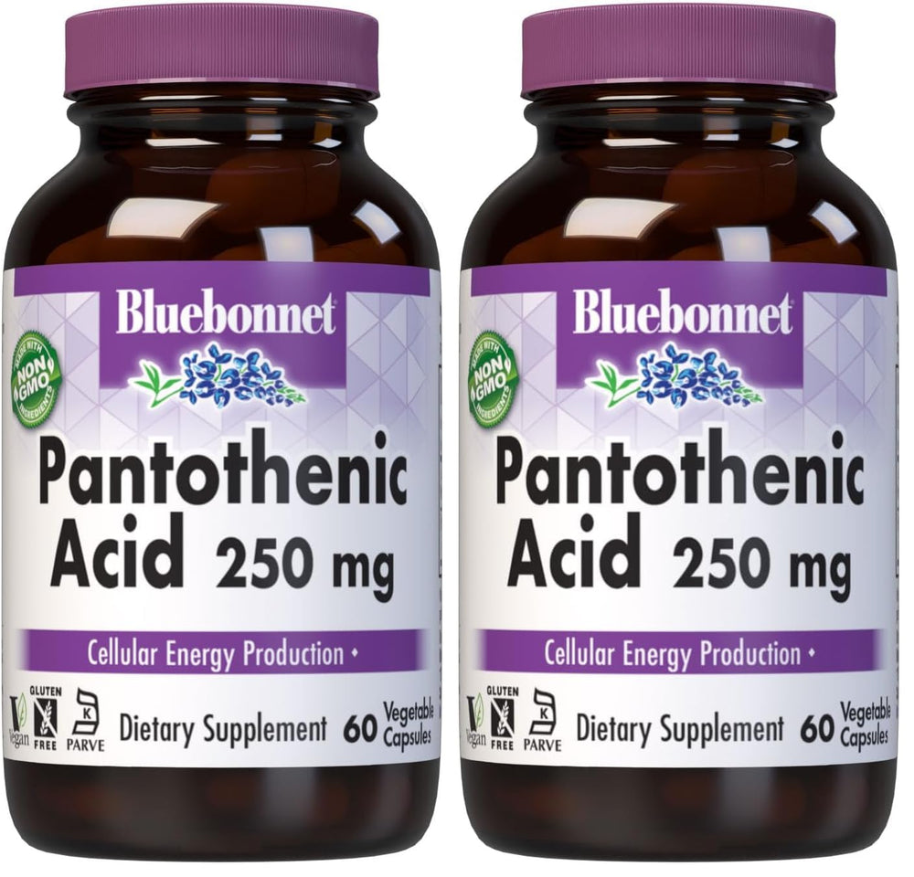 BlueBonnet Pantothenic Acid bottle with label highlighting vegan and non-GMO features