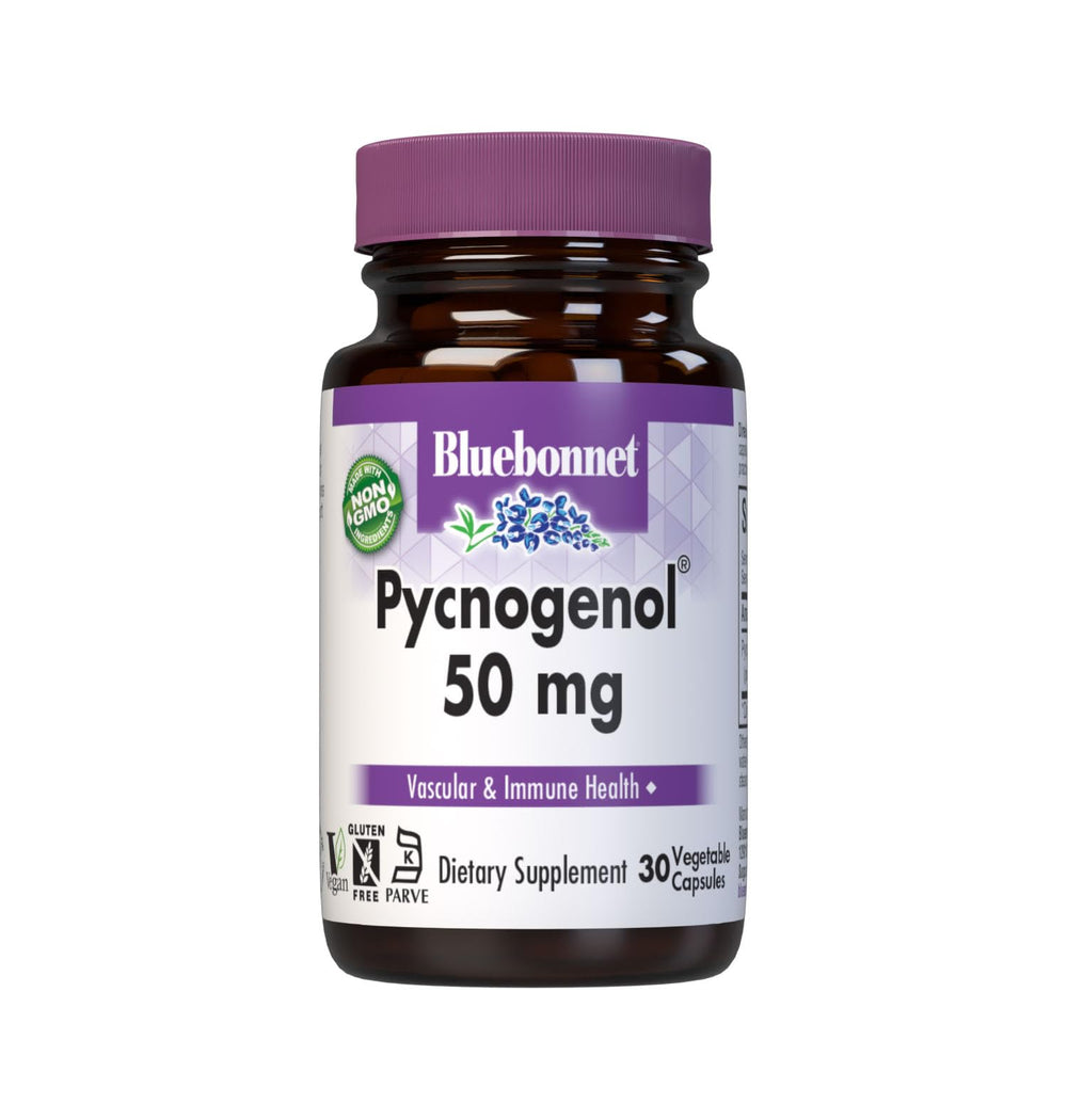 BlueBonnet Pycnogenol 50 mg bottle with pine bark extract for vascular support.