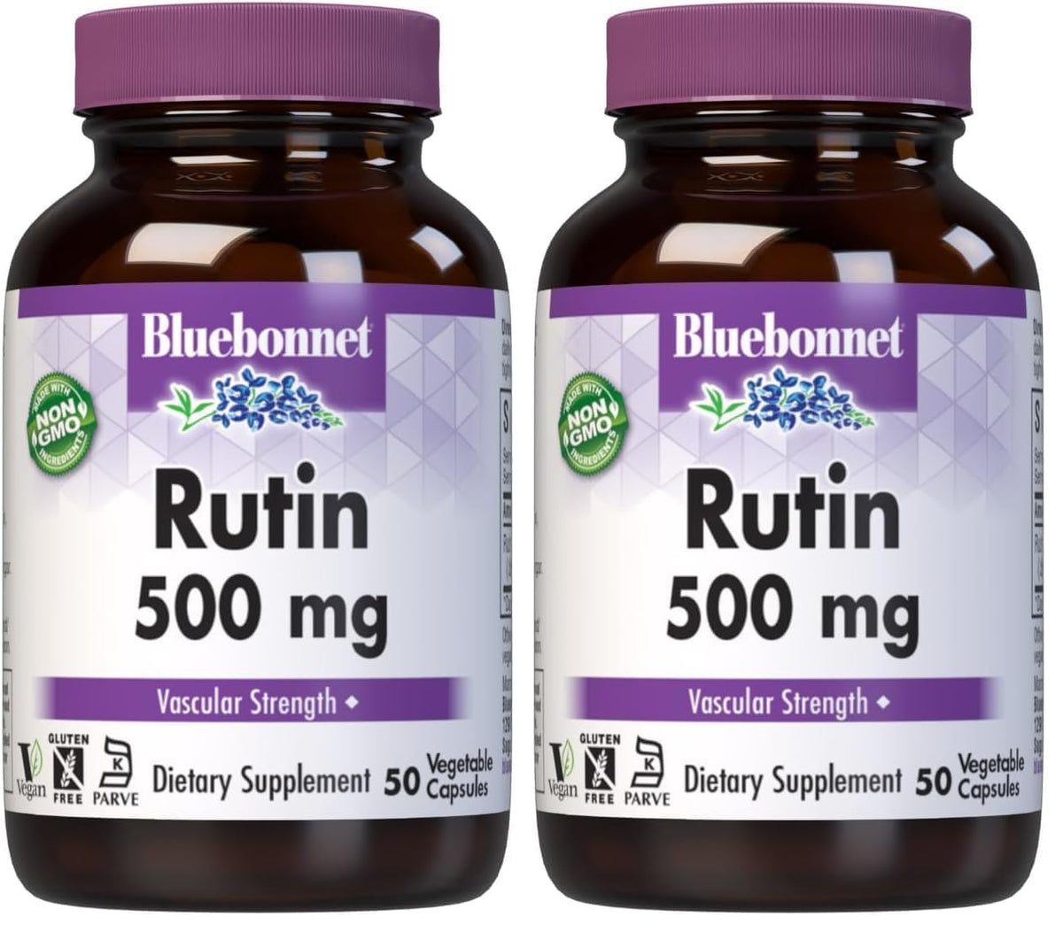 BlueBonnet Rutin 500mg bottle promotes vascular support with premium packaging.
