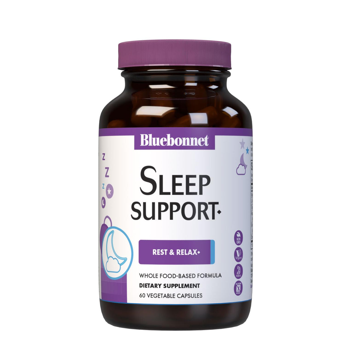 Bluebonnet Sleep Support bottle label highlighting whole-food formula for nightly relaxation