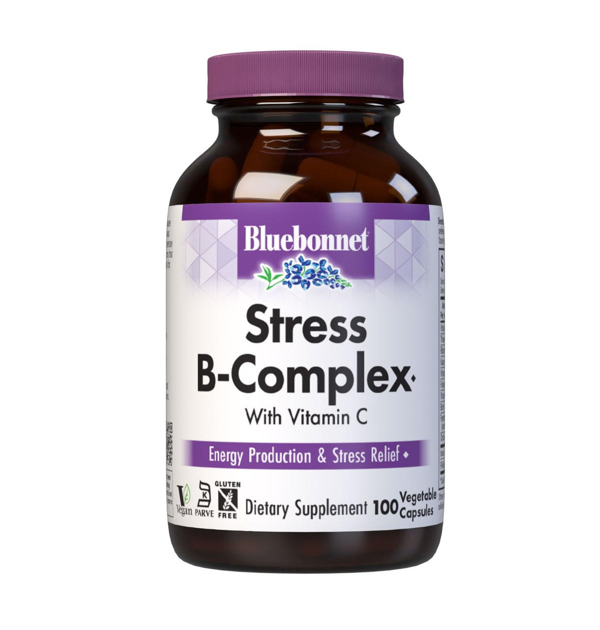 Bluebonnet Stress B Complex bottle front shows vegan capsules for daily energy and stress support.