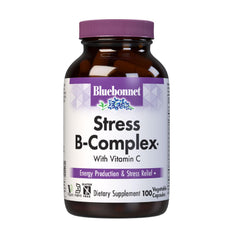 Bluebonnet Stress B Complex bottle front shows vegan capsules for daily energy and stress support.