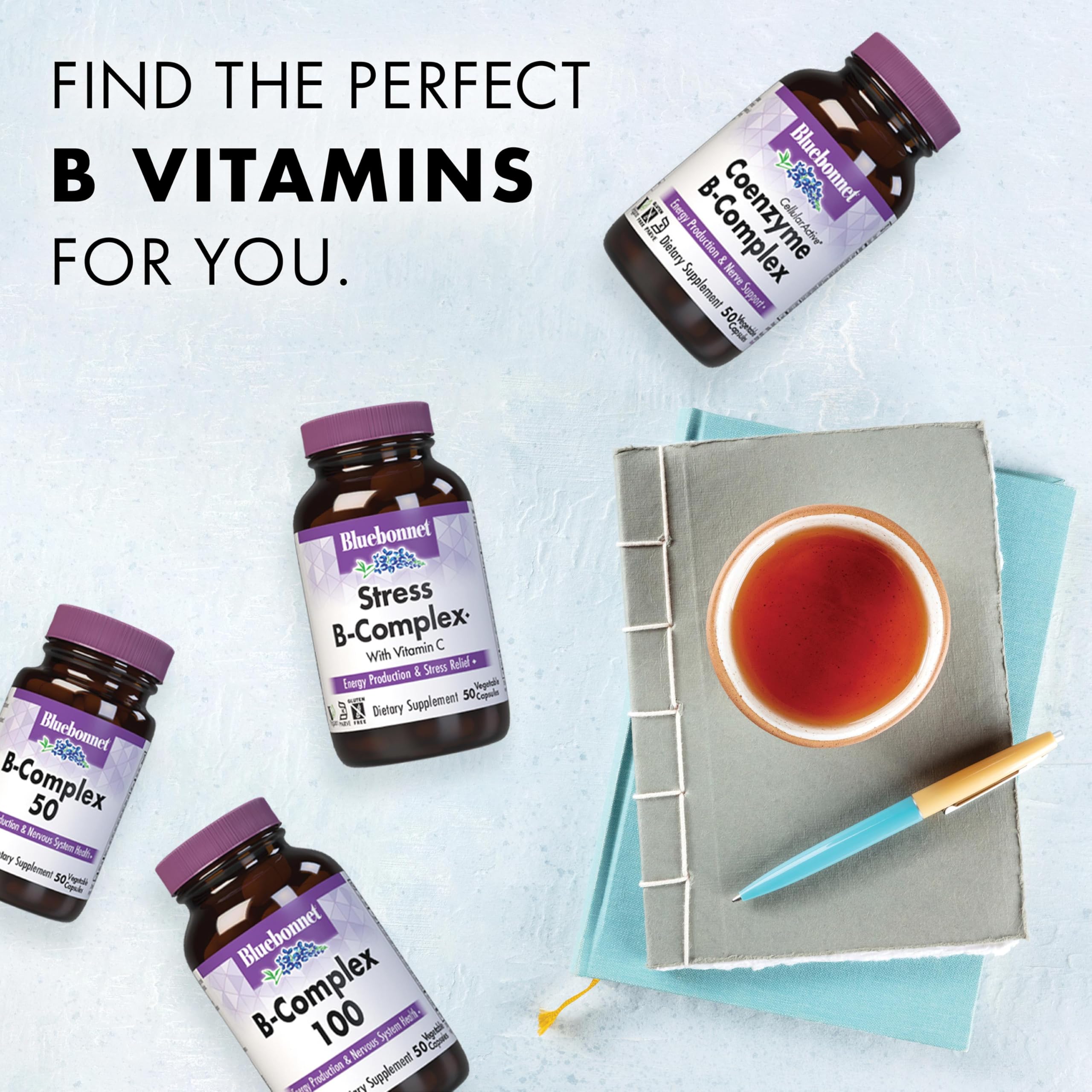 Bluebonnet Stress B Complex ingredients panel shows full B vitamin spectrum with vitamin C.