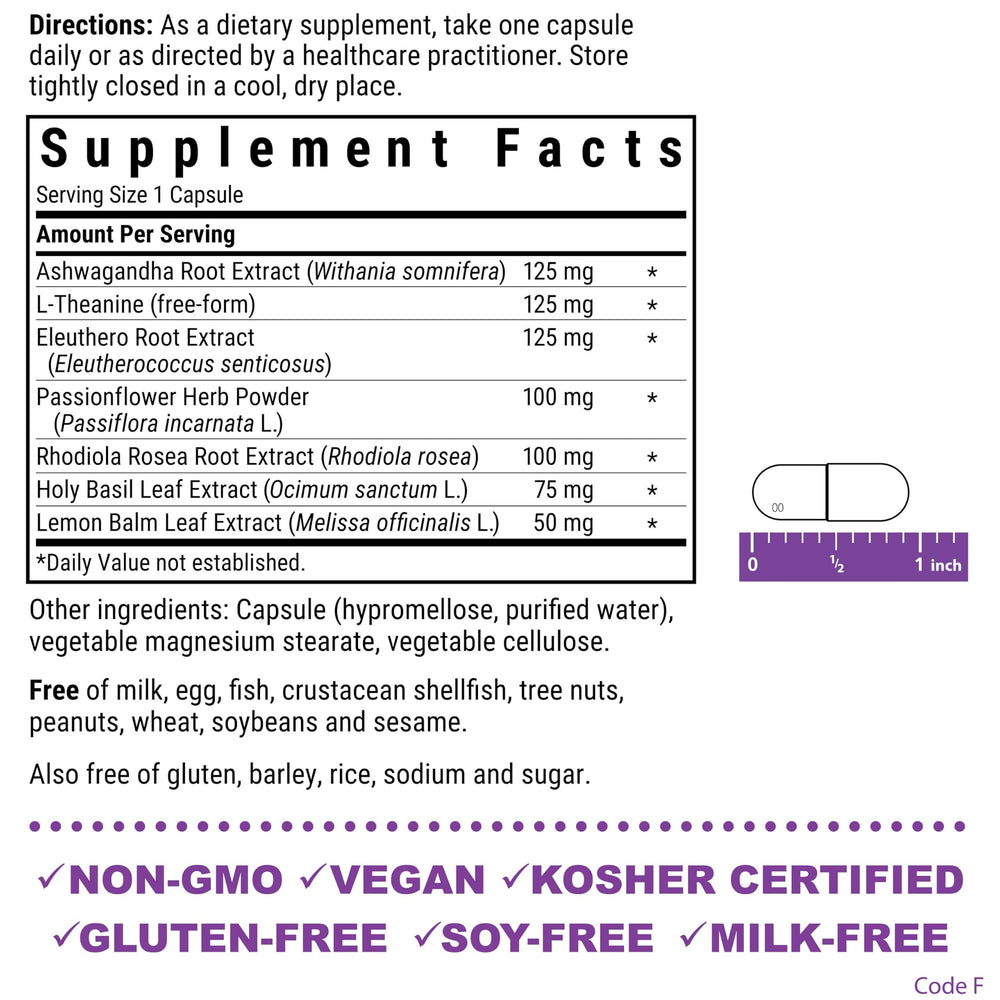 BlueBonnet Stress Relief label front showing vegan and non-GMO features.