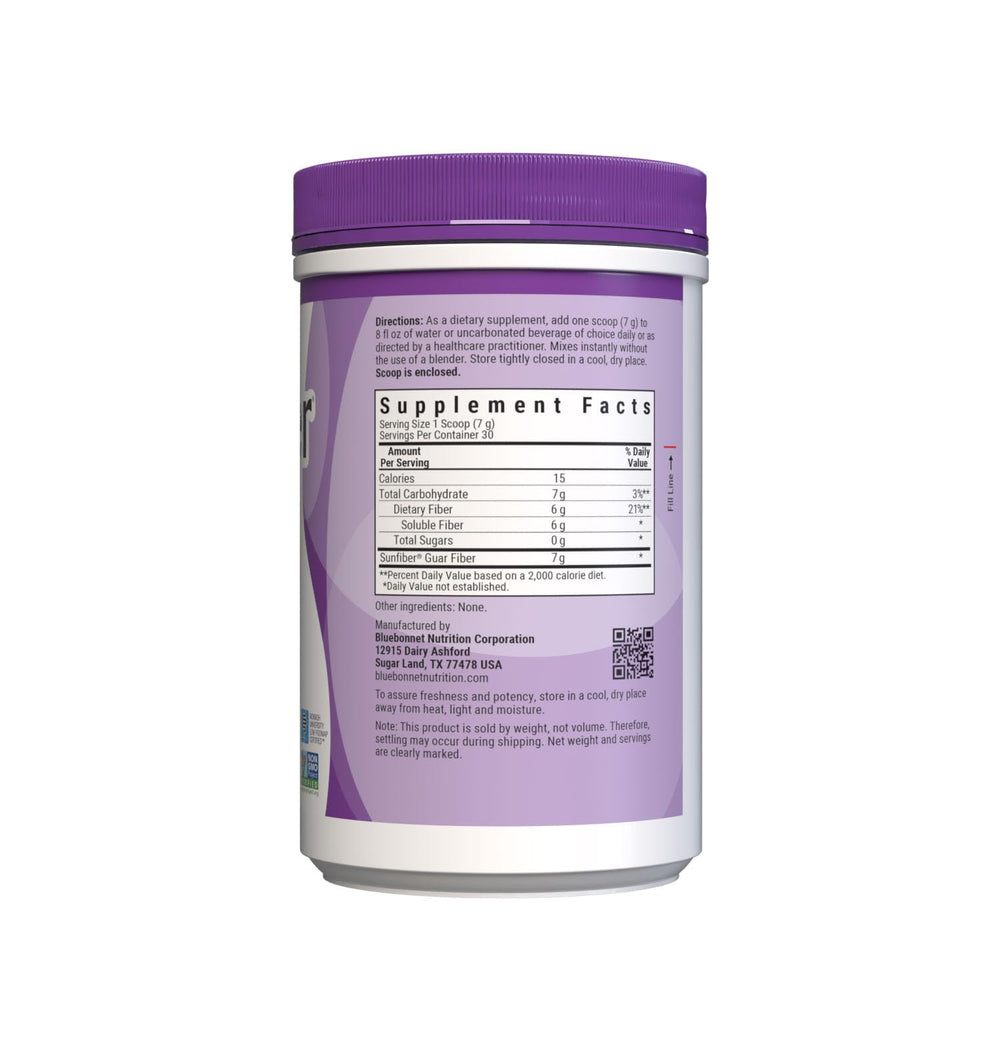BlueBonnet Sunfiber bottle pour shows ready-to-mix prebiotic fiber on the go.