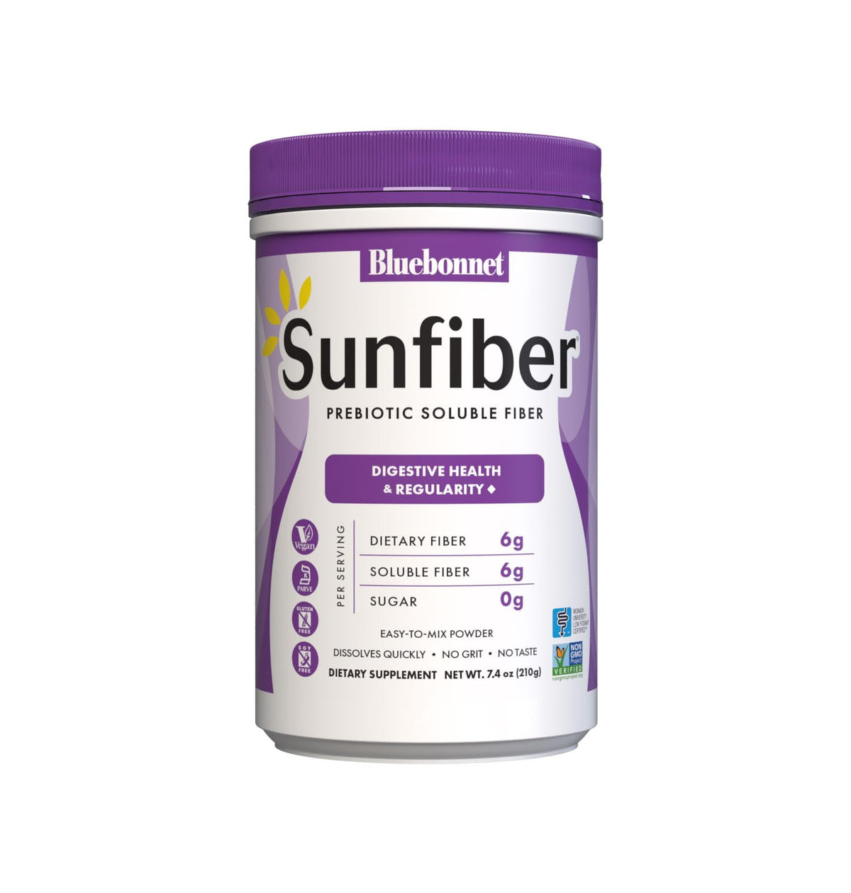 BlueBonnet Sunfiber powder dissolves instantly in water, enabling easy digestion-friendly mixing.