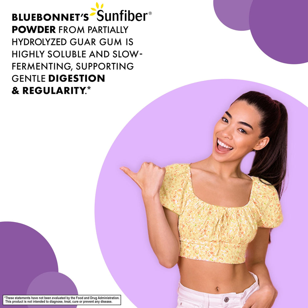 BlueBonnet Sunfiber scoop-measure helps mix the powder into drinks smoothly.
