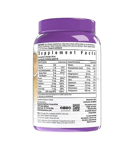 BlueBonnet brewer's yeast powder with scoop, easy daily supplement for plant-based meals.