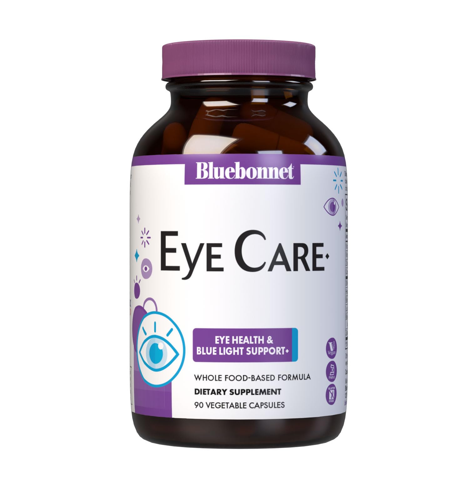 Bluebonnet Targeted Choice Eye Care bottle shows vegan, gluten-free formula for eye health