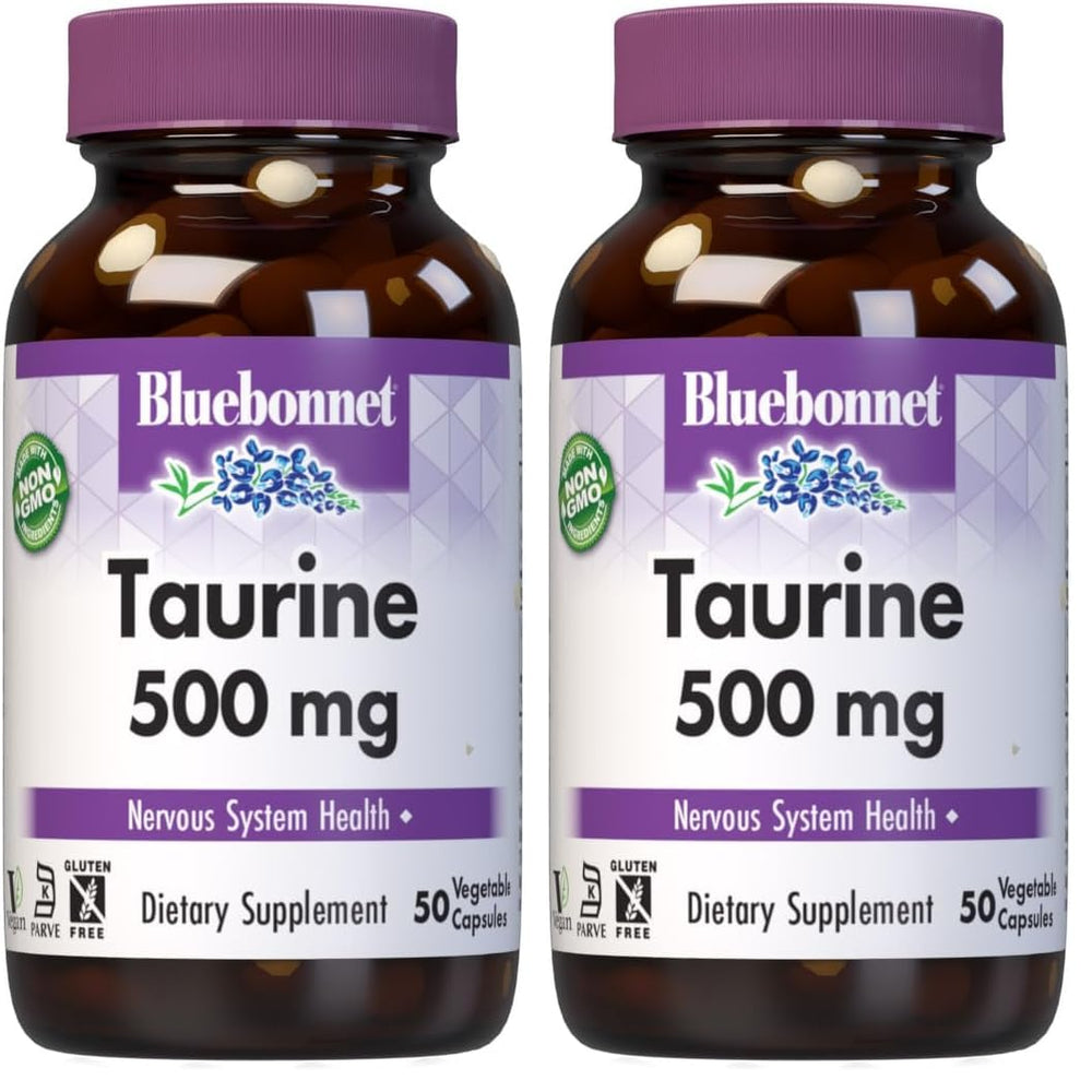 BlueBonnet Taurine 500 mg bottle for daily vegan supplementation.
