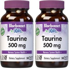 BlueBonnet Taurine 500 mg bottle for daily vegan supplementation.