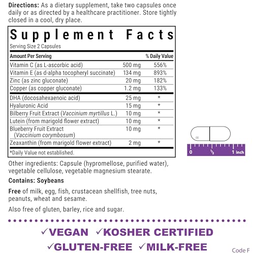 Bluebonnet Eye Care label highlights vegan, kosher-certified, dairy-free ingredients