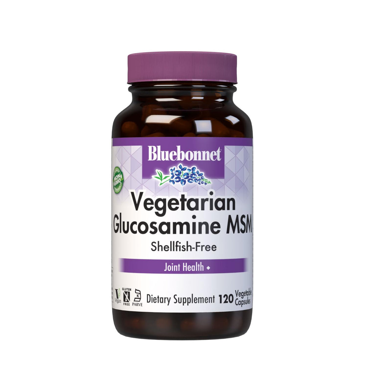 BlueBonnet Vegetarian Glucosamine with MSM bottle highlights shellfish-free joint support.