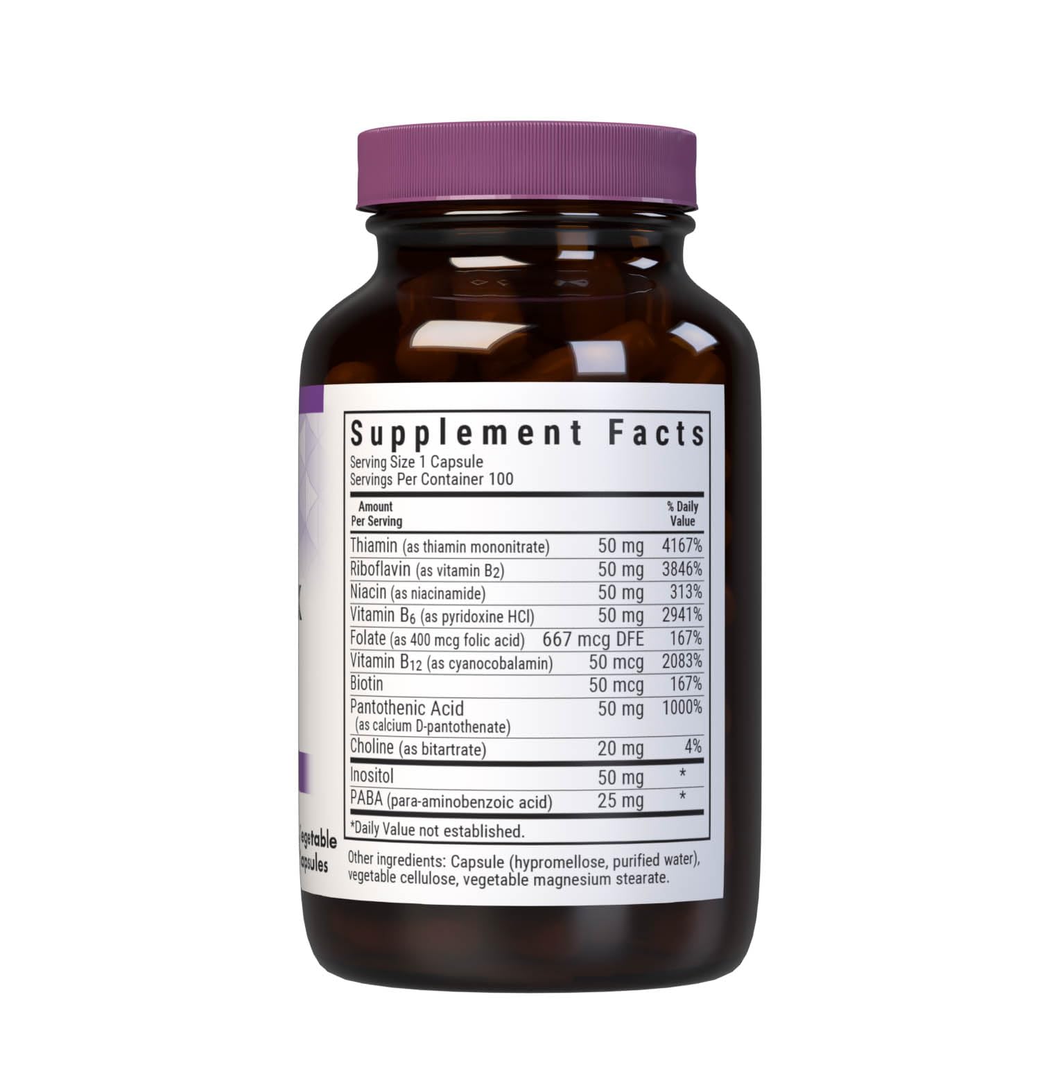 Bluebonnet Vitamin B Complex bottle label showing ingredients and vegan, gluten-free status.