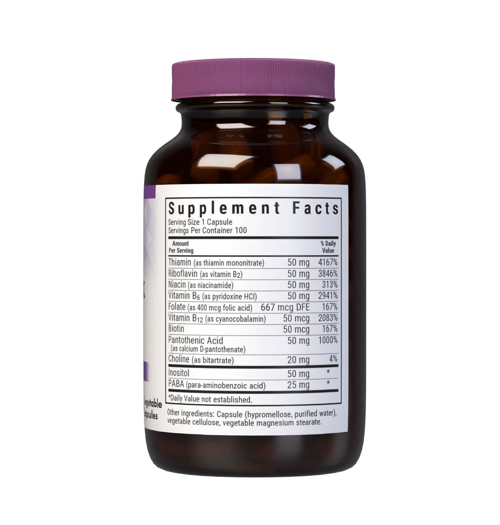 Bluebonnet Vitamin B Complex bottle label showing ingredients and vegan, gluten-free status.