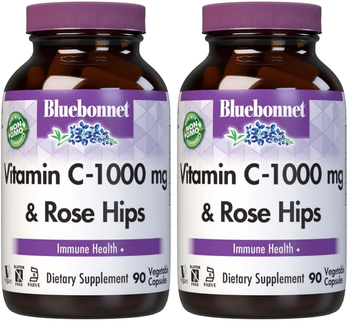 BlueBonnet Vitamin C-1000 mg with Rose Hips bottle emphasizes immune support and antioxidant protection.