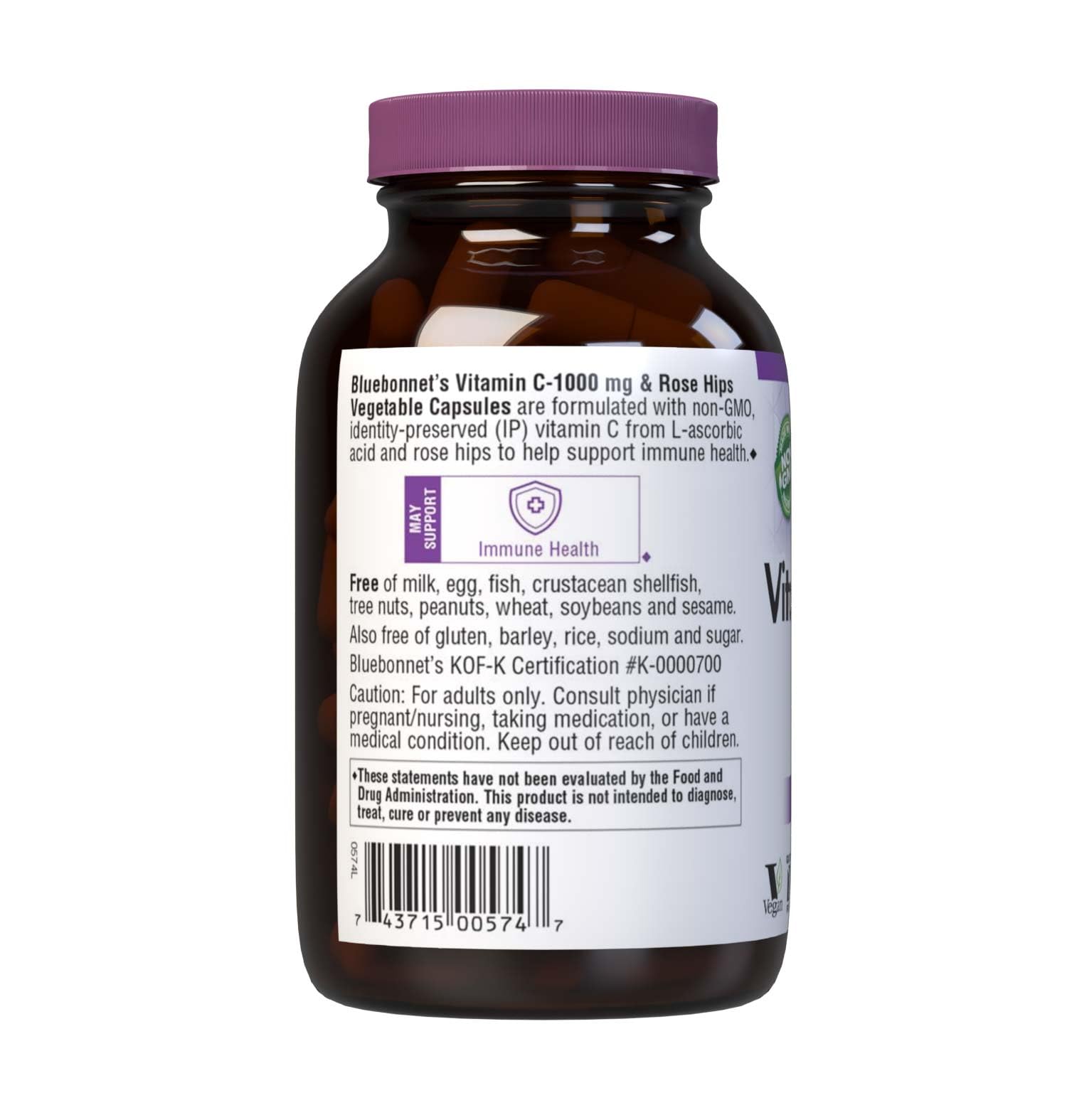 Label detail highlights IP Vitamin C and rose hips for quality and consistency.
