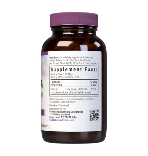 BlueBonnet Vitamin D3 5000 IU softgels being poured for easy daily intake.