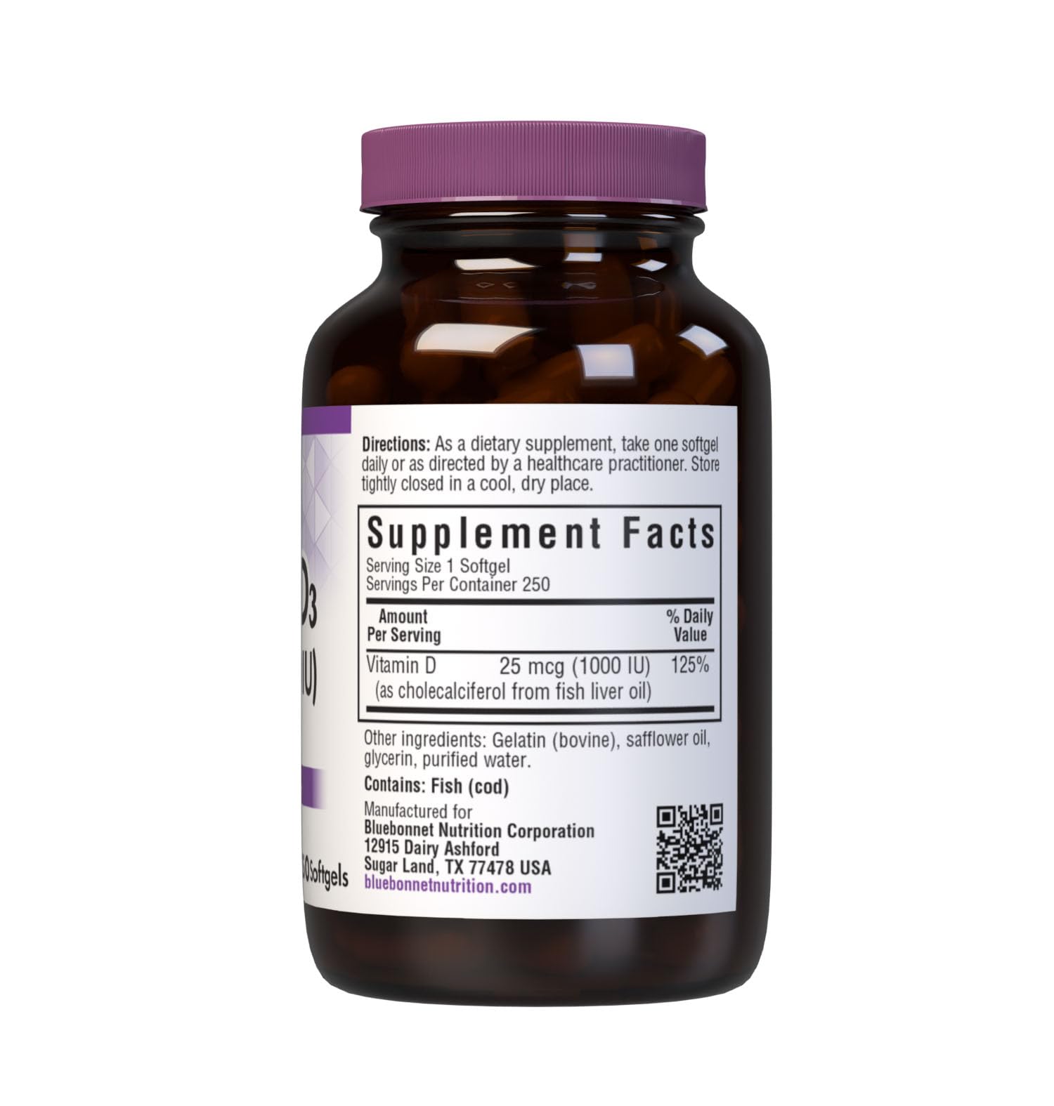 BlueBonnet Vitamin D3 softgels label shows fish oil-based cholecalciferol for daily bone support.