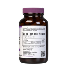 BlueBonnet Vitamin D3 softgels label shows fish oil-based cholecalciferol for daily bone support.