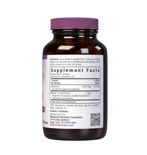Bluebonnet Vitamin E 400 IU label shows d-alpha and mixed tocopherols for balanced intake