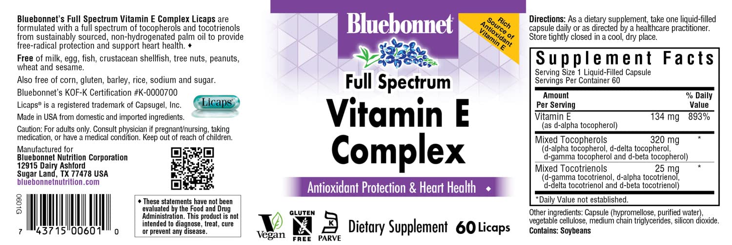 BlueBonnet Vitamin E Licaps close-up of ingredients, showcasing full spectrum tocopherols.