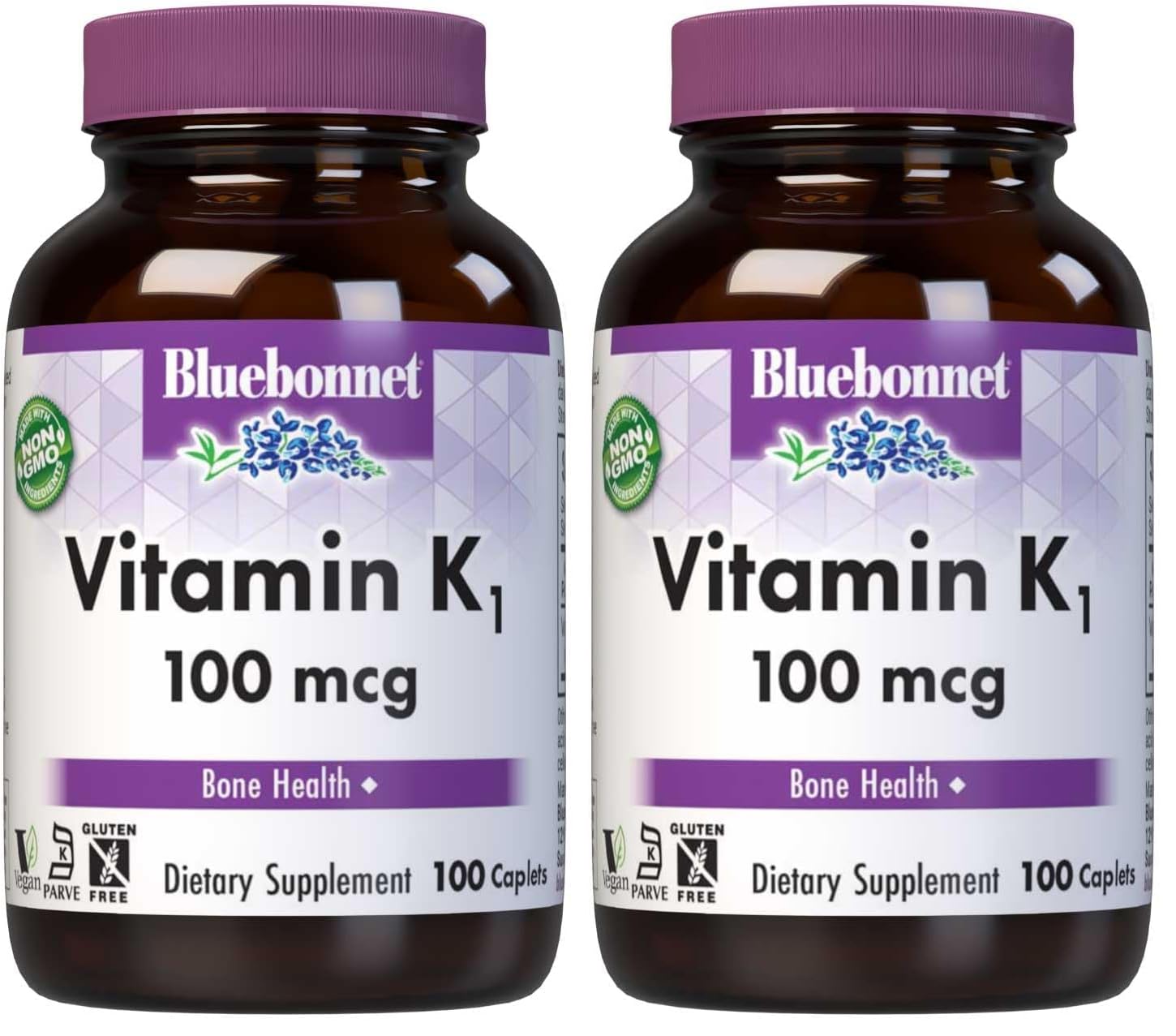 BlueBonnet Vitamin K1 100 mcg bottle front showing vegan, high-bioavailability K1 for bone health.