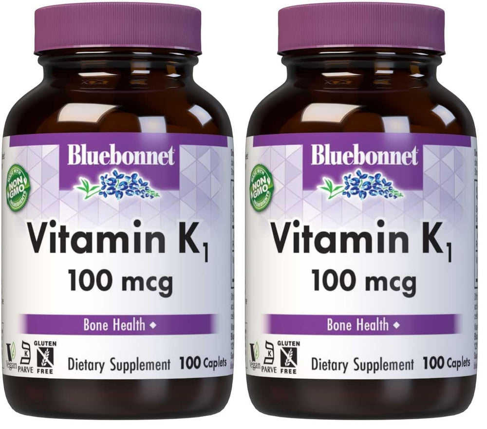 BlueBonnet Vitamin K1 100 mcg bottle front showing vegan, high-bioavailability K1 for bone health.
